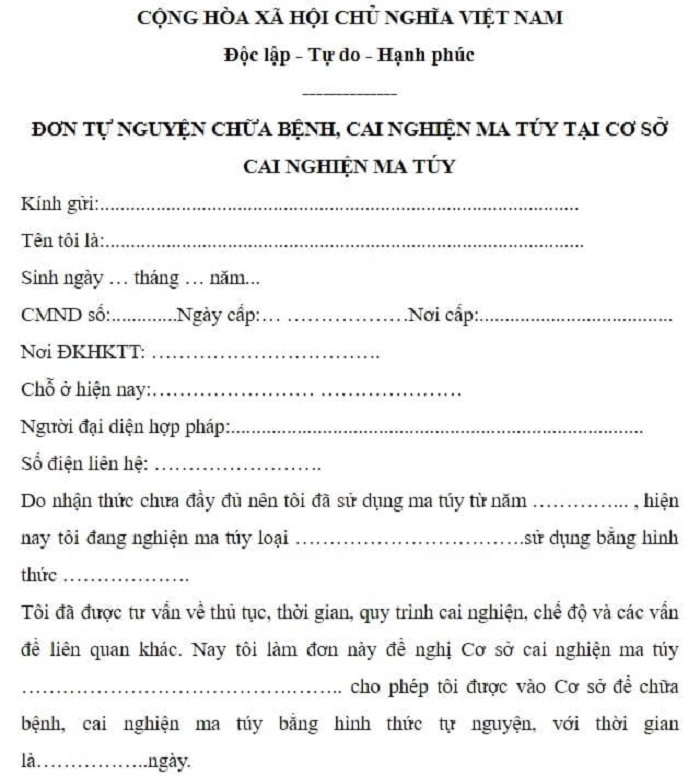 Người nghiện phải đăng ký đơn và hoàn thành các thủ tục cần thiết tại Uỷ ban nhân dân xã nếu muốn thực hiện hình thức cai nghiện tự nguyện